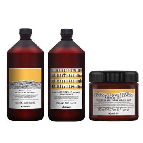 davines nourishing: champu 1000ml + acondicionador 1000ml + mascarilla vegetarian miracle 1000ml