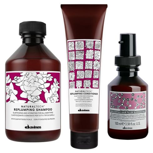 DAVINES NATURAL TECH REPLUMPING / 500ml / PACK 36 / champú + acondicionador + tratamiento reafirmante (hidrata y reafirma el cabello)