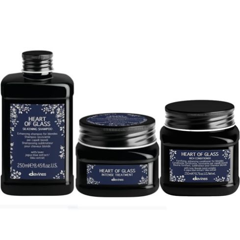 PACK TRIO DAVINES HEART OF GLASS 650 ml - champu, acondicionador y tratamiento - cabellos rubios