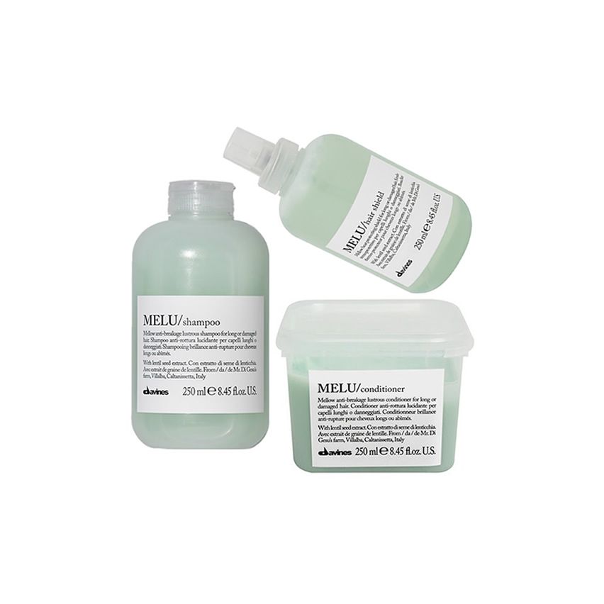 DAVINES ESSENTIAL HAIRCARE MELU 750ml / PACK 15 / champú + acondicionador + spray (Anti-rotura / cabello largo y dañado)