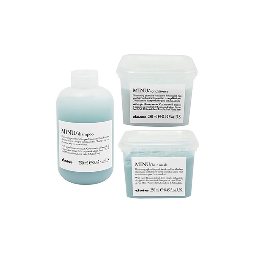 DAVINES ESSENTIAL HAIRCARE MINU 750ml / PACK 13 / champú + acondicionador + mascarilla (cabello coloreado)