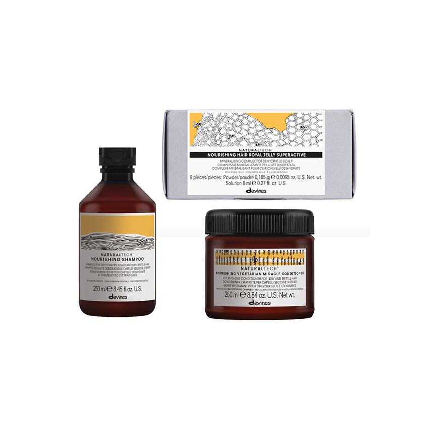 DAVINES NATURALTECH NOURISHING / 500ml + 6x8ml / PACK 32 / champú + acondicionador + tratamiento jalea real (cabello seco y dañado)