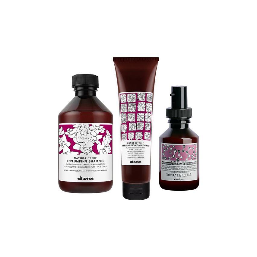 DAVINES NATURAL TECH REPLUMPING / 500ml / PACK 36 / champú + acondicionador + tratamiento reafirmante (hidrata y reafirma el cabello)