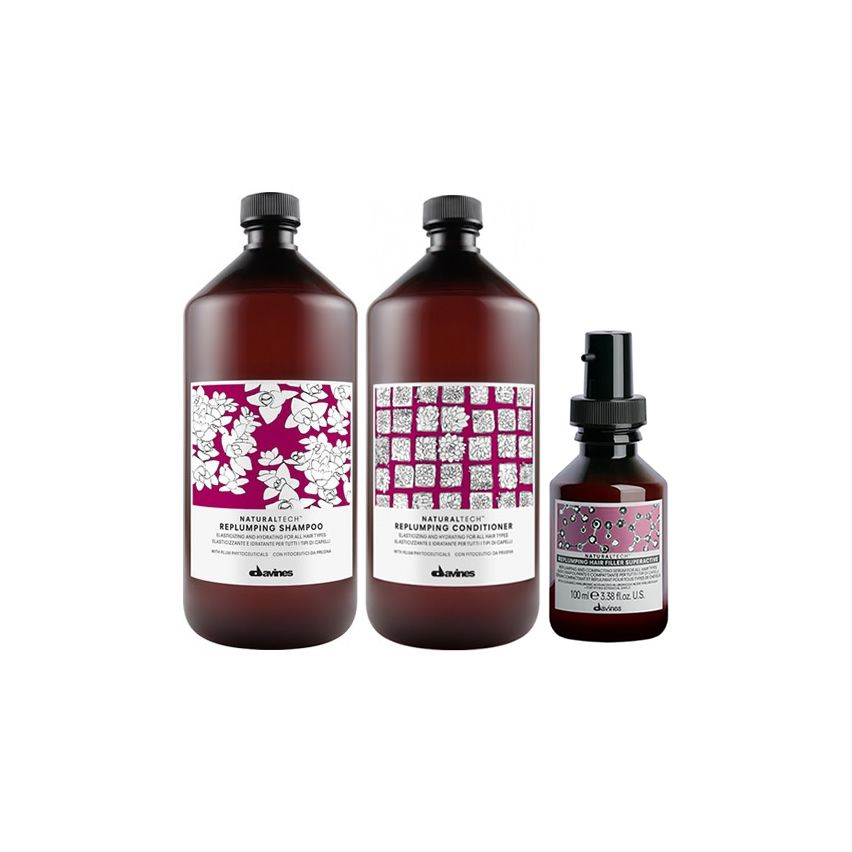 DAVINES REPLUMPING PACK: CHAMPÚ 1000ml - ACONDICIONADOR 1000ml - HAIR FILLER SUPERACTIVE 100ml