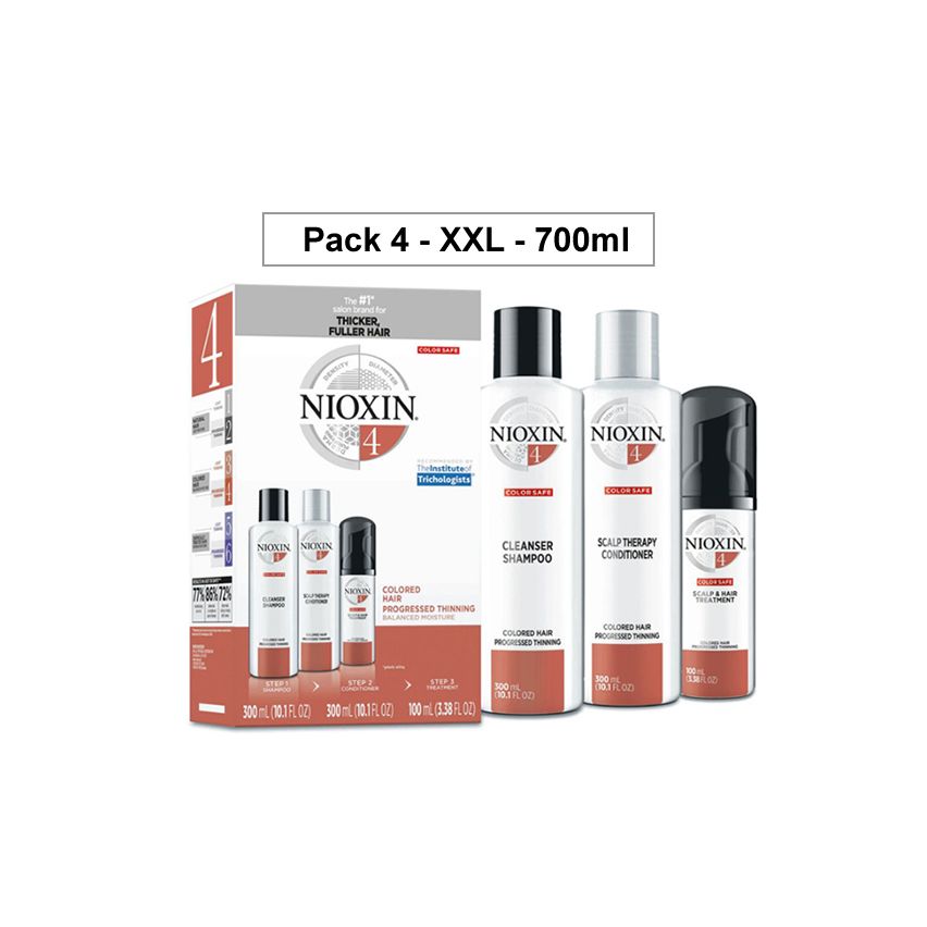 NIOXIN PACK 4 XXL 700ml ANTICAIDA cabello coloreado, fino y pérdida perceptible