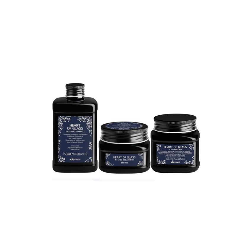 PACK TRIO DAVINES HEART OF GLASS 650 ml - champu, acondicionador y tratamiento - cabellos rubios