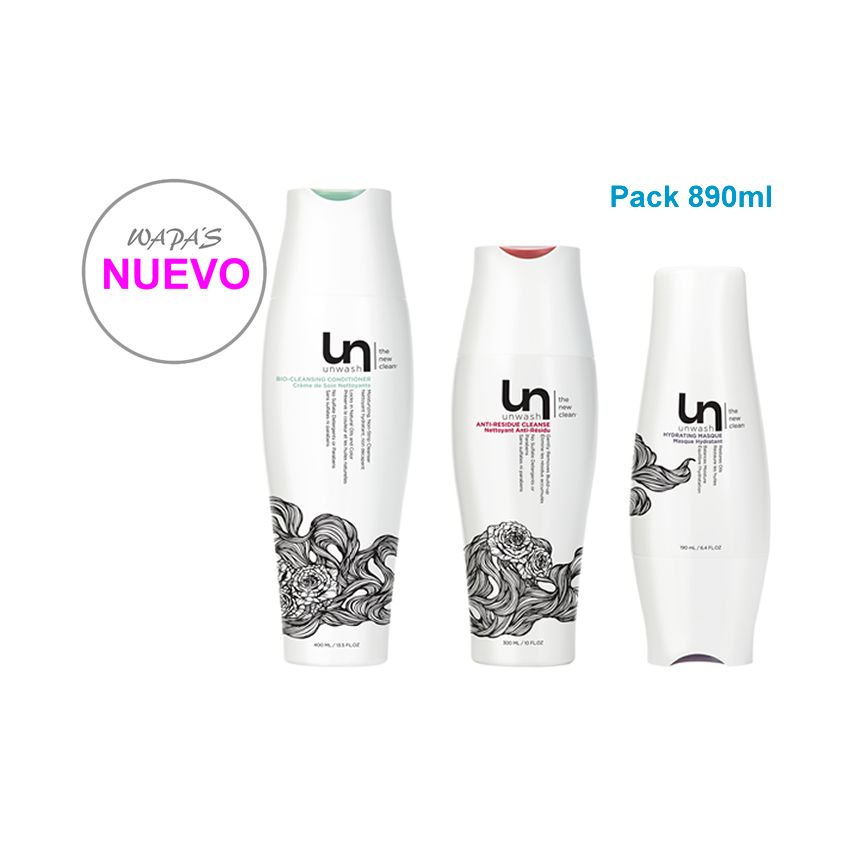 UNWASH / PACK 890ml / bio limpiador + aclarado ani-residuos + mascarilla hidratante